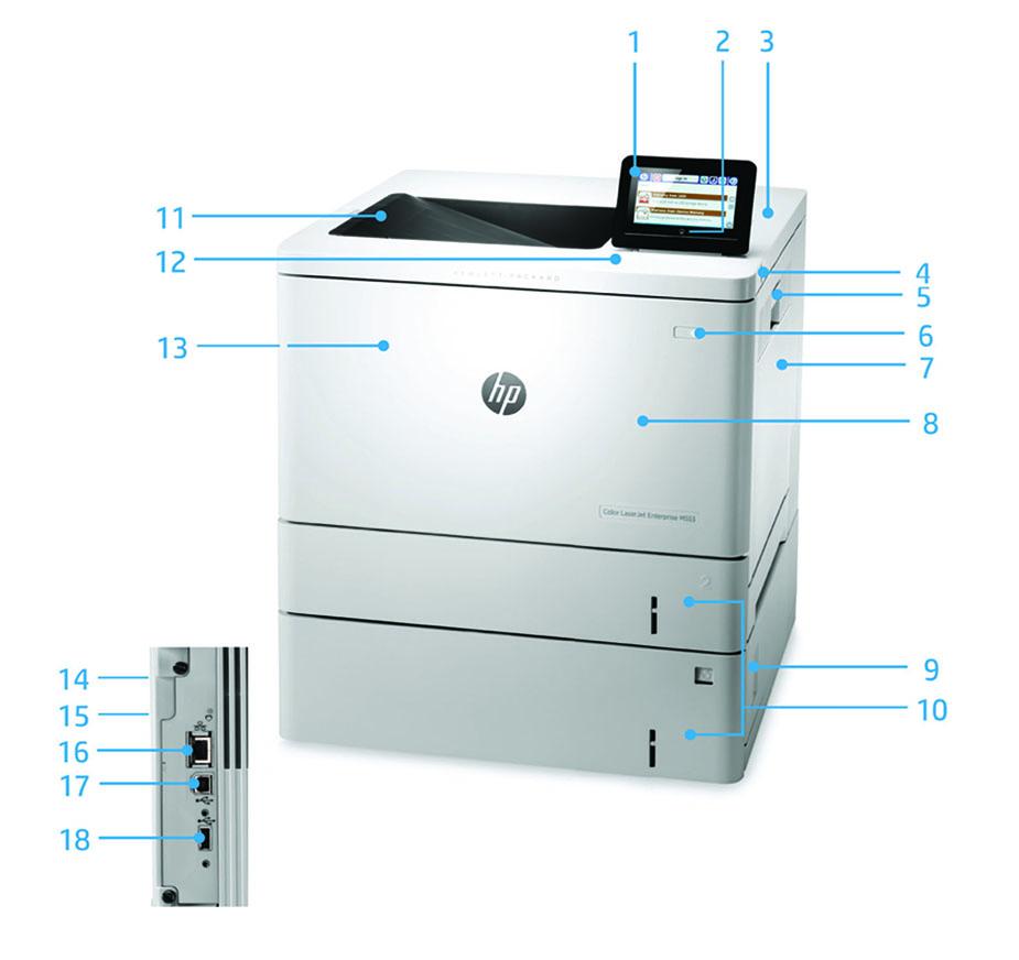 Datový list Řada barevných tiskáren HP LaserJet Enterprise M553 Představení produktu Vyobrazená barevná tiskárna HP LaserJet Enterprise M553x: 1.