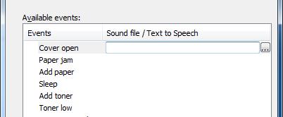 2 Událost, při které má být použita funkce převodu textu na řeč, vyberte v seznamu Available events. 3 Klikněte do pole Sound file / Text to Speech.