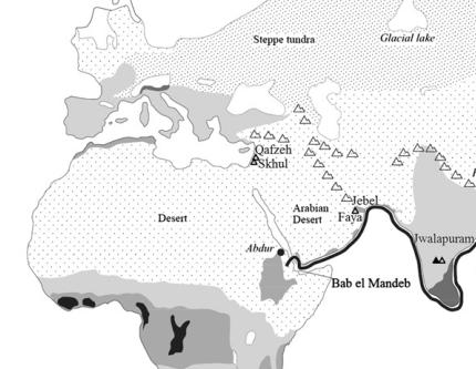 migrační vlna moderního člověka kosterní pozůstatky (naleziště Skhul, Qafzeh, Jebel Faya) Skhul, Qafzeh