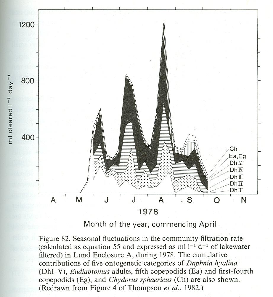 Filtrační rychlost společenstva Community grazing rate (CGR) největší vliv - Daphnia -v létě až 1,2 x profiltrovaný objem X