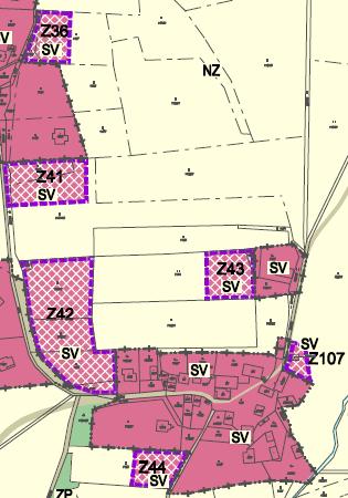 Obr. 8: Plochy Z36, Z41, Z42, Z43, Z44 a Z107 na hlavním výkresu ÚP a leteckém snímku (zdroj: Urbanistické středisko Ostrava s.r.o. 2017, ČÚZK).