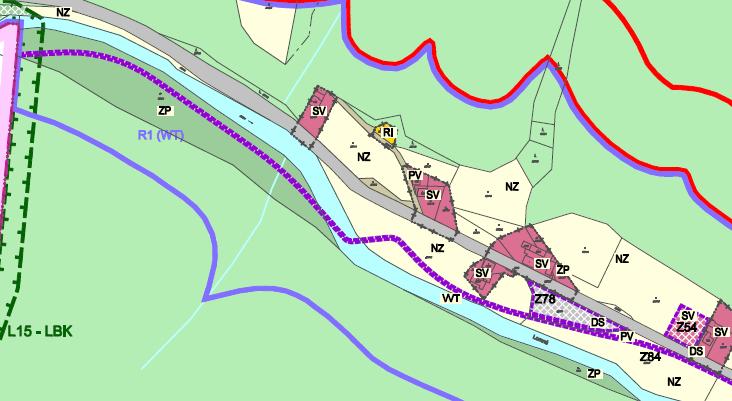 Obr. 19: Plochy Z54, Z78 a západní část plochy Z84 pro výstavbu cyklostezky na hlavním výkresu ÚP a leteckém snímku (zdroj: Urbanistické středisko Ostrava s.r.o. 2017, ČÚZK).