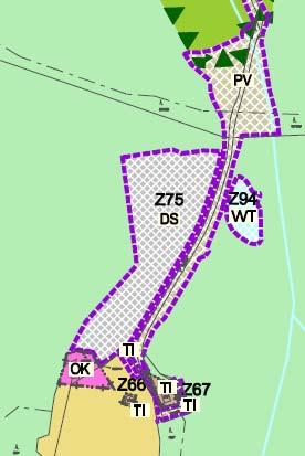 Obr. 25: Plochy Z66, Z67, Z75, Z94 a jižní část plochy Z80 na hlavním výkresu ÚP a leteckém snímku (zdroj: Urbanistické středisko Ostrava s.r.o. 2017, ČÚZK).