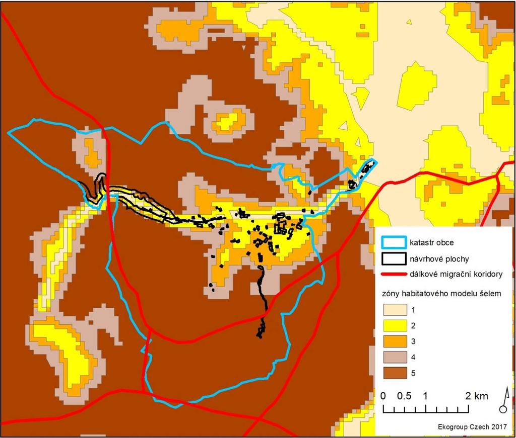 šelem, tj. biotopů kategorie 5 dle habitatového modelu. Pro tuto prostorovou analýzu bylo použito prostředí GIS. Obr.