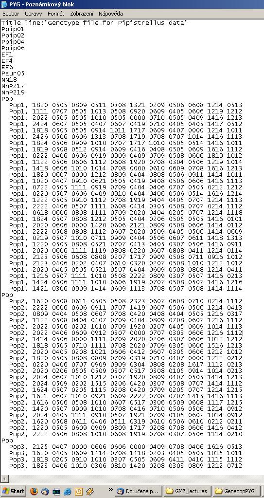 Genepop file format jednoduchý ASCI kód (.