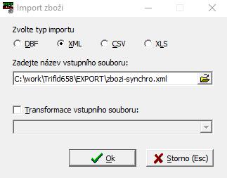 Transformační šablona (soubor formátu XSL) se načítá ze složky XML\ZBOZI\EXPORT. Import se spouští v Číselníku zboží stiskem klávesové kombinace <Shift F6>.