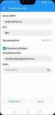 Nastavení serveru příchozí pošty opíšete z naší obrazovky a stisknete tlačítko DALŠÍ. 6.