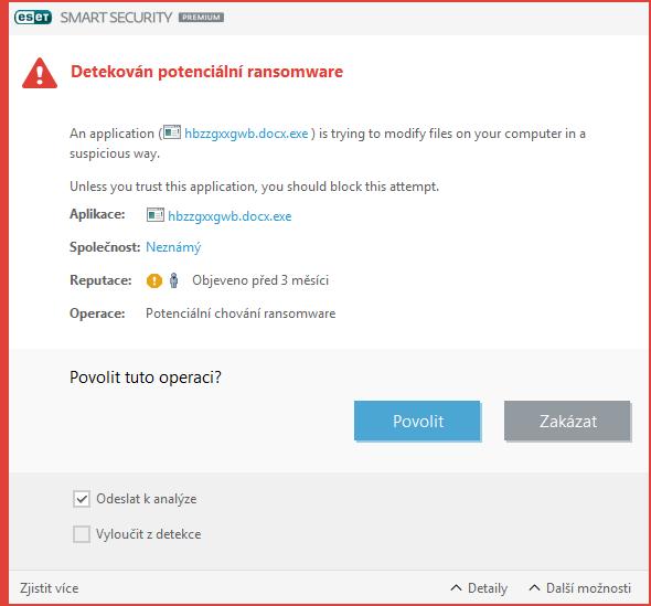 4.1.4.3 Detekován potenciální ransomware Toto dialogové okno se zobrazí, pokud ESET Smart Security Premium detekuje aplikaci, jejíchž chování je velmi podobné ransomware.