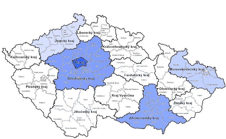 %; Středočeský kraj: 11 %; Moravsko-slezský kraj: 9%; Ústecký kraj: 6%; Olomoucký kraj: 5% Jihočeský kraj: 5 %; Zlínský kraj, Plzeňský kraj,