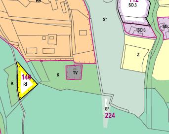 Obr. 32: Plochy č. 146 a 224 na hlavním výkresu ÚP a leteckém snímku (zdroj: Kunetková 2018, ČÚZK). plocha č. 146 (RI): Plocha se nachází ve III. zóně CHKO Beskydy a na území EVL Beskydy.