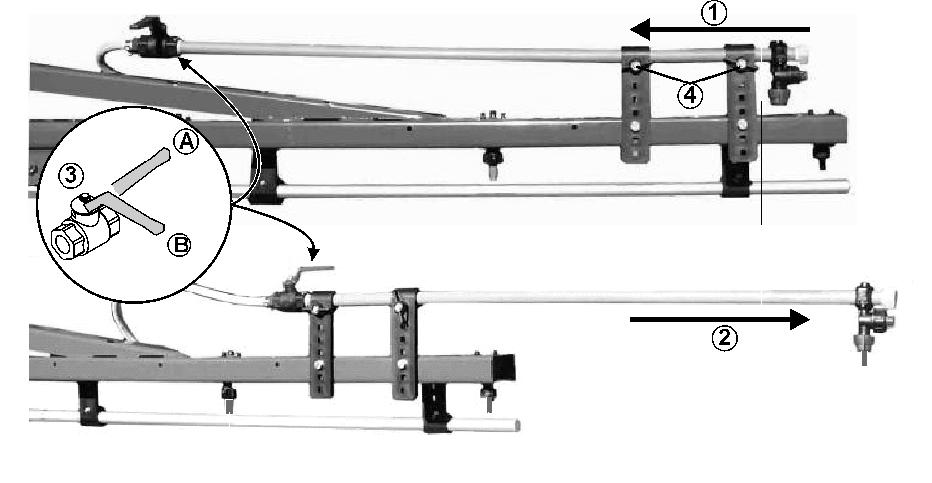 100 (1) Jednotka pro rozšíření rozsahu ramen v přepravní poloze (2) Jednotka pro rozšíření rozsahu ramen v pracovní poloze (3) Uzavírací ventil pro vnější trysku (A) (B)