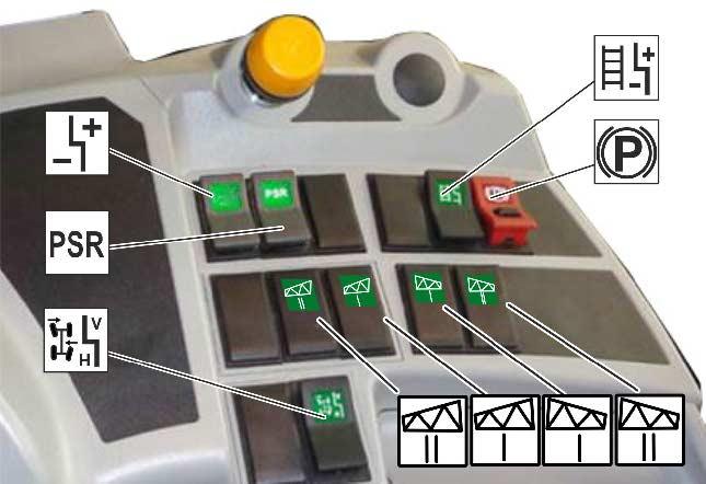 Konstrukce a funkce základního vozidla Spínače a tlačítka na ovládací konzole Obr. 35 Tlačítko pro ovládání schůdků ke kabině ο Poloha +: Zvedání schůdků.