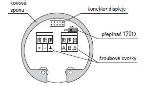 7. Elektrické připojení Hladinoměr se připojuje k návaznému (vyhodnocovacímu) zařízení vhodným kabelem o vnějším průměru 6 8 mm prostřednictvím šroubových svorek umístěných pod zobrazovacím modulem.