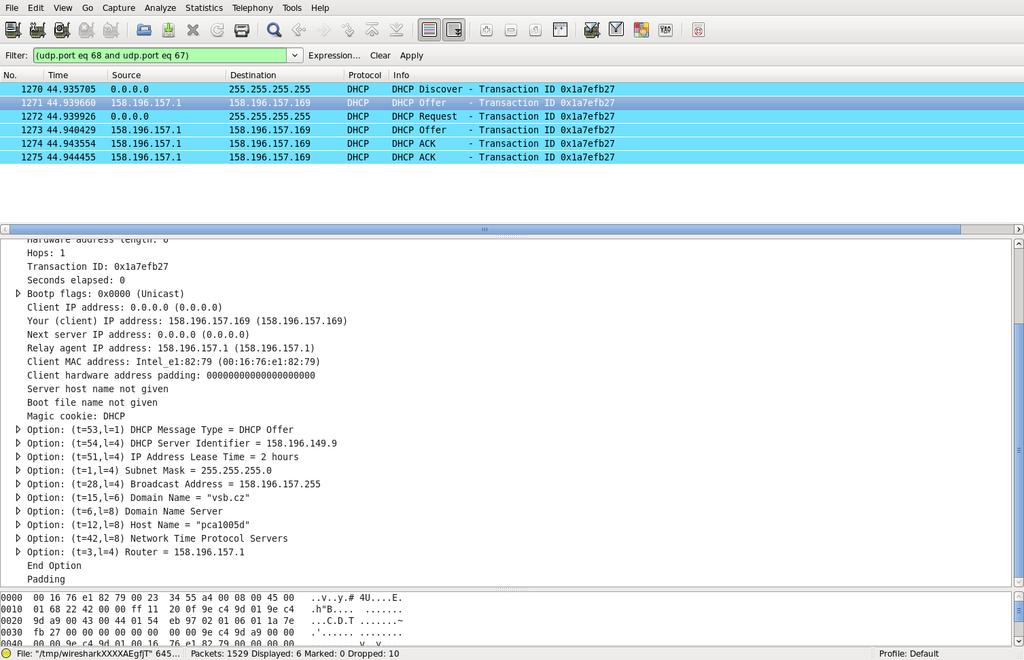 Ukázka zachycení nabídky DHCP