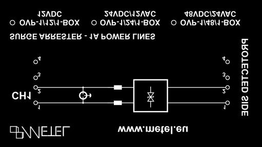 Zapojení OVP-1/x/1- Rychlý instalační manuál REV:201801 OVP -x/x/x- CH1 mezi svorky 1 a 2 připojte vstup napájecího napětí, odkud se předpokládá potenciální přepětí.