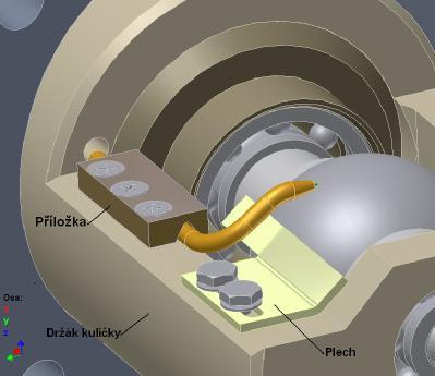 Úprava zařízení pro měření teploty Obr. 24 Zavedení termočlánku ke kontaktu kuličky s diskem Plášť termočlánku prochází otvorem v držáku kuličky (obr. 24) a následně je provlečen mosaznou trubičkou.