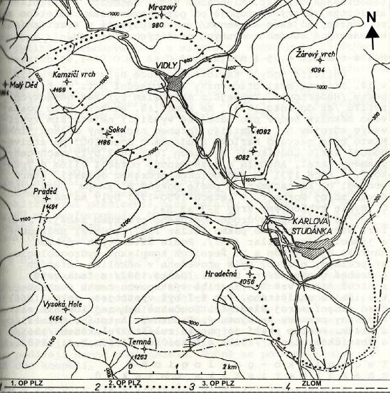 Vytyčení současných ochranných pásem zřídelní struktury Karlovy Studánky (obr. 16) provedl renomovaný hydrogeolog Ing. Jan Šilar v roce 1957 (Květ a Kačura, 1978).