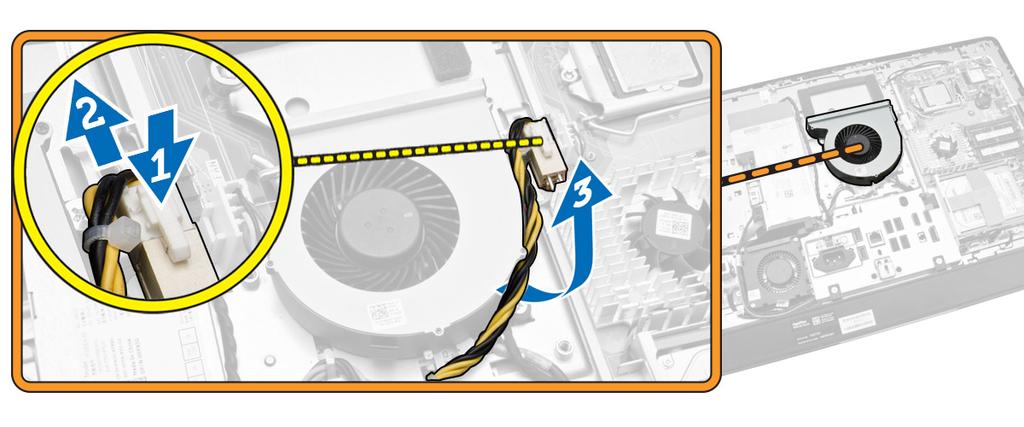 4. Podle obrázku proveďte následující kroky: a. Odpojte kabel ventilátoru procesoru z konektoru na základní desce [1]. b.