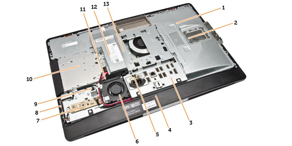 Demontáž a montáž součástí 2 V této části naleznete podrobné informace o postupu demontáže a montáže součástí z počítače. Přehled systému Obrázek 1. Pohled dovnitř počítače 1 1. kryt základní desky 2.