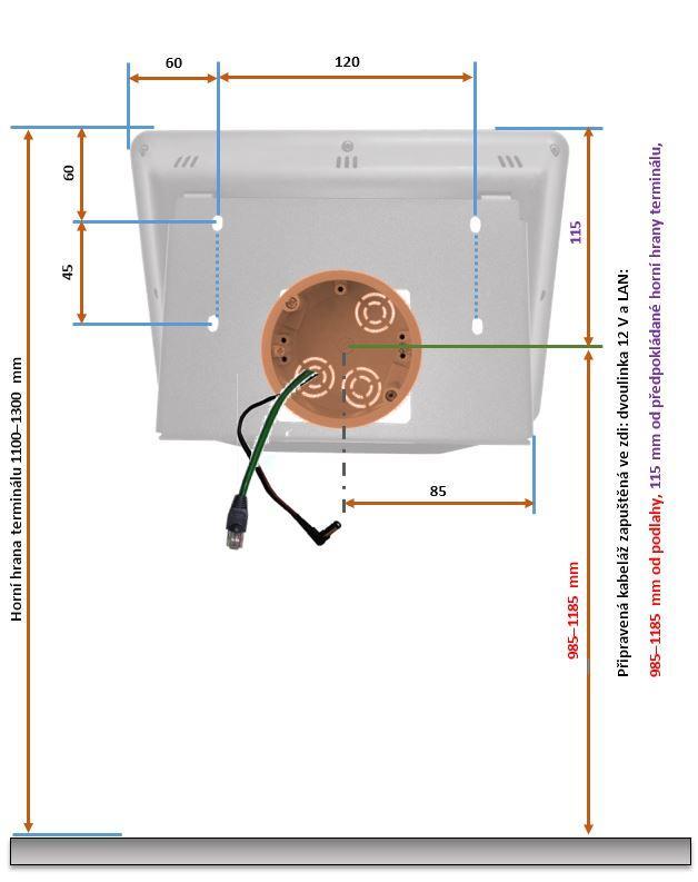 Upevnění na zeď Objednací terminál se připevňuje na zeď zavěšením přes montážní otvory konzoly na upevňovací vruty ve zdi. Horizontální rozteč upevňovacích vrutů je 120mm.