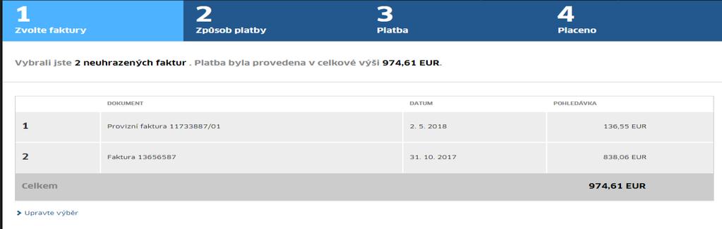 Zde můžete zvolit zda chcete uhradit všechny neuhrzené faktury či zda zvolíte pouze vybrané faktury Klikněte na pokračovat