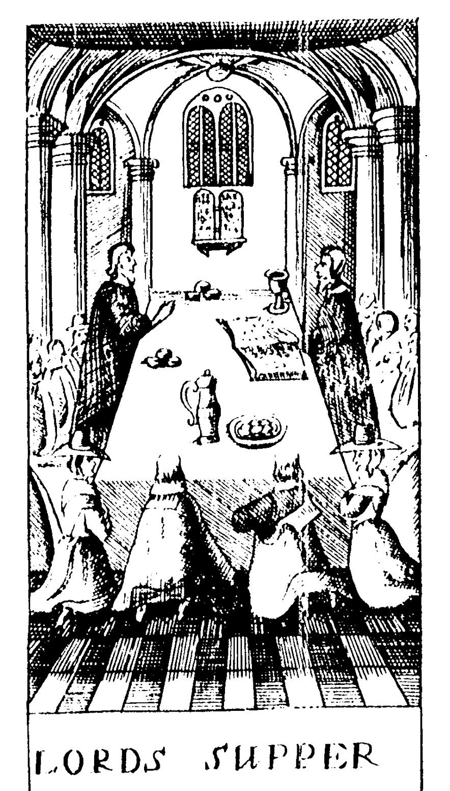 Příloha č. 11 Ilustrace Večeře Páně z knihy katechismu vydané roku 1674. Stejný způsob slavení eucharistie se předpokládá pro období vlády Eduarda VI.