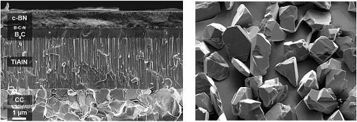 Dále byly zkoušeny např. vrstvy na slinutý karbid WC-Co, ve kterém byl snížen obsah kobaltu a poté nanesen diamantový povlak, na který se nanesla vrstva z cbn viz obr. 4.11.