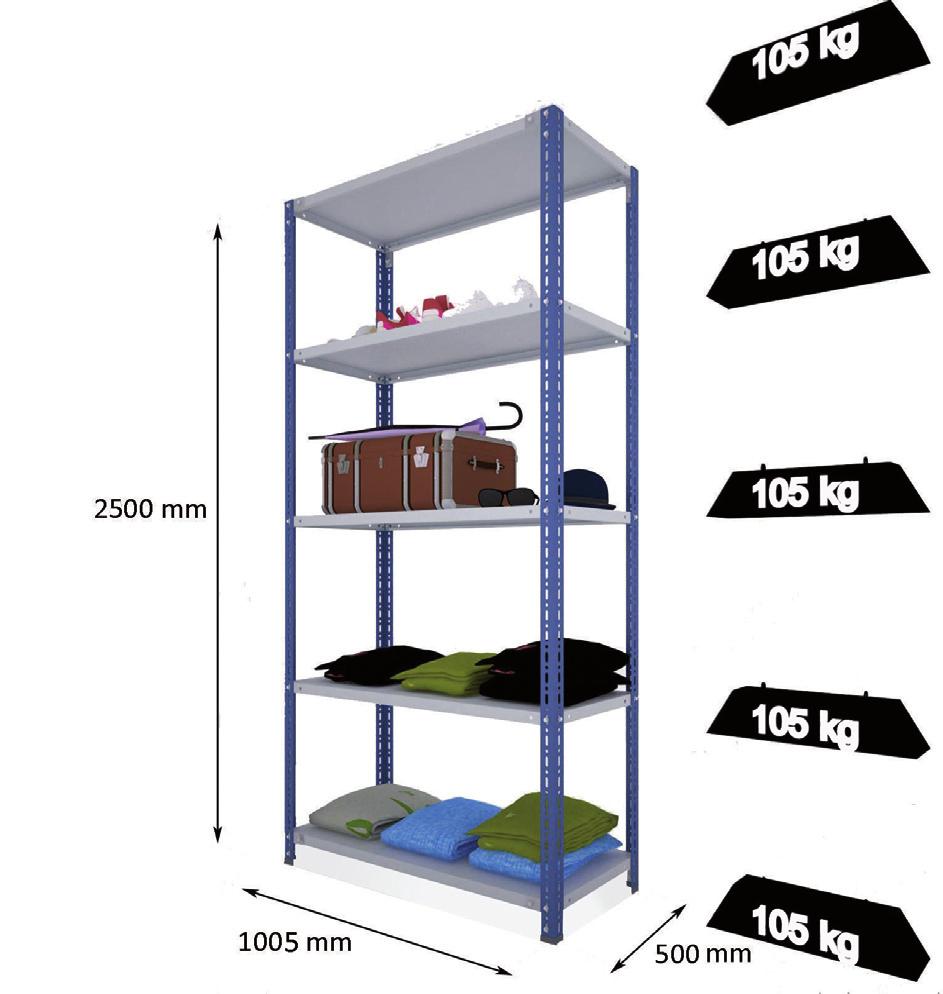 MODUL 2500 X 1000 X 500 MM MAXIMUM STABILITY 4 x Upright P40M of 40x40 mm 5/6 x Shelf 1000 x 500 mm EC 08 8 x Reinforcing corner