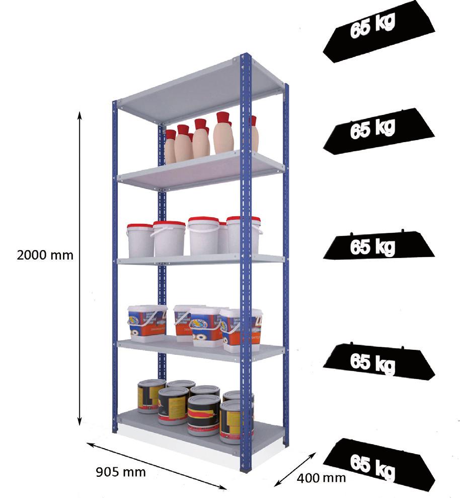 MODUL 2000 X 900 X 400 MM 4 x Upright P40S of 40x40 mm 4/5 x Shelf 900 x 400 mm EC 06 8 x Reinforcing corner plates 48/56 x Bolts M-8 4 x Plas c foot Finish Description Reference cena WEIGHT Max.