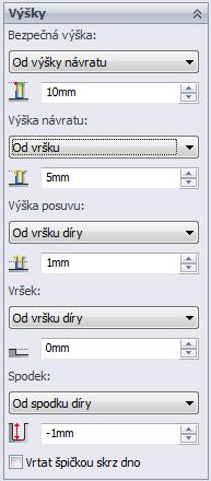 Spodek Od spodku díry, s aplikovaným odsazením -1 mm. Toto efektivně zavrtá 1 mm dolů od horní hrany díry, pokud je vybrán středící vrták pro výběr několika děr. 2.1.7 Průvodce vrtáním.