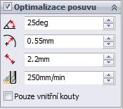 Jeden z těchto prvků se nazývá Optimalizace posuvu a umožňuje snížit rychlost posuvu v ostrých koutech.