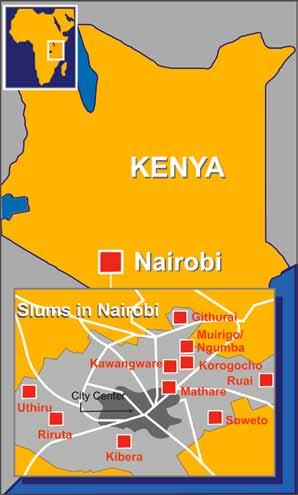 SADBA Salesiánská asociace Dona Boska KEŇA Nairobi Slumy v Nairobi Foto: Wikimedia Commons Mapka chudinských čtvrtí slumů v Nairobi (slumy vyznačeny červeně) Myšlenka a touha vyrazit pomáhat africkým