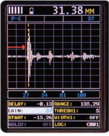 PE režim Pulse Echo Základní zobrazovací režim pro měření celkové tloušťky od