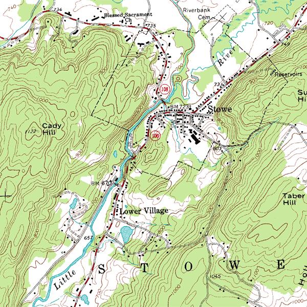 Obrázek 2.2: Ukázka topografické mapy 2. prostorovou polohou - udáním geografické souřadnice (případně tvaru ve formě posloupnosti souřadnic), 3. atributy - neprostorové údaje, 4.