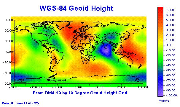 Obrázek 3.2: Mapa výšek geoidu Krasovského elipsoid - Rusko, WGS-84 - globální elipsoid, dalších několik desítek elipsoidů. 3.1.