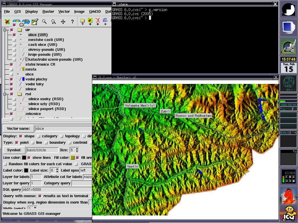 Obrázek 6.1: Prostředí GRASSu ve verzi 6x (GUI, konzola, monitor s mapovým výstupem) Obrázek 6.2: Úvodní dialog GRASSu Veškerá data GRASS ukládá do adresářů a souborů.
