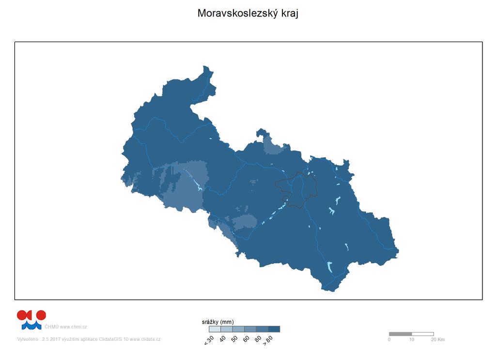 Obr. 5 Prostorové rozložení měsíčních úhrnů srážek na území Moravskoslezského kraje