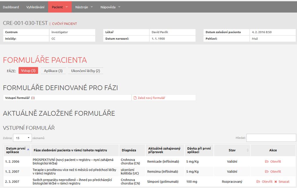 6.0 PRÁCE S FORMULÁŘEM (ZALOŽENÍ, MAZÁNÍ, EDITACE) Pracovní okno každého pacienta se skládá ze dvou vzájemně provázaných částí záhlaví (viz [1] - Obrázek 13) a hlavní části (viz [2] - Obrázek 13).