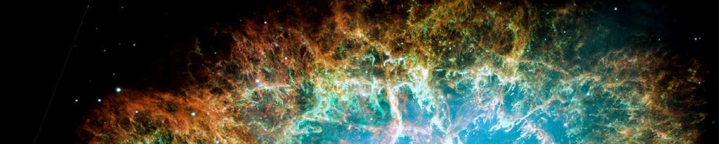 36 Krabí mlhovina (M1) je pozůstatkem supernovy z roku 1054. Uvnitř mlhoviny je pulzar, který je zdrojem intenzivního synchrotronního signálu. Zdroj: HST.