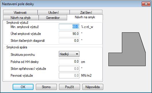 Tento panel se otevře i po kliknutí na tlačítko Nový. Je možno zadat hodnoty. Minimální stupeň příčné výztuže je možno nastavit v rozsahu 20 až 100 %.