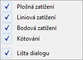 Volitelně je možno zapínat a vypínat viditelnost Bodových, Liniových a Plošných zatížení.