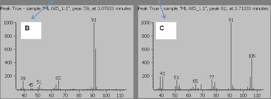 Obrázek 34: (A) Záznam SPME GC/TOFMS analýzy vzorku KNE/TTP/127.