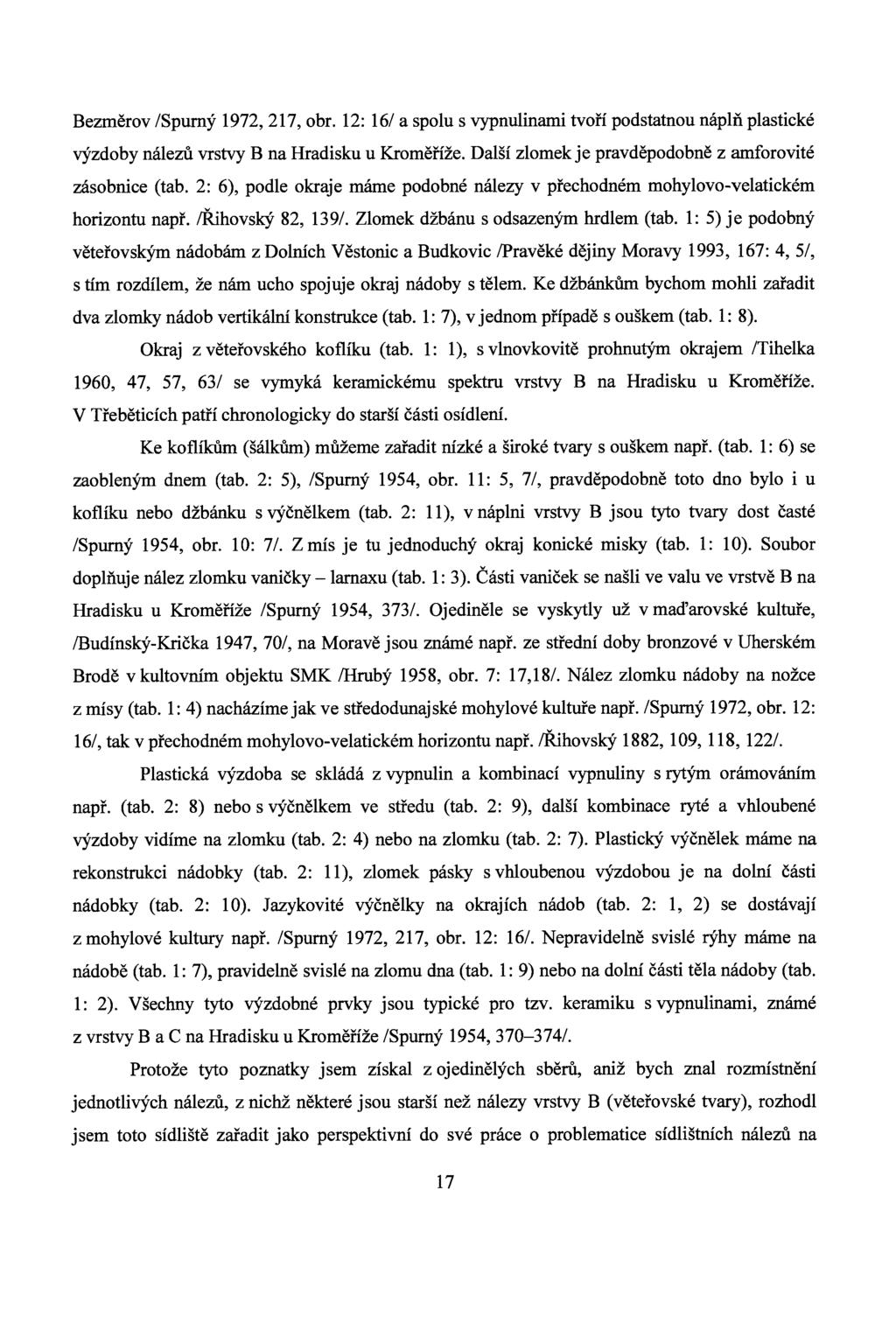 Bezměrov /Spurný 1972, 217, obr. 12: 16/ a spolu s vypnulinami tvoří podstatnou náplň plastické výzdoby nálezů vrstvy B na Hradisku u Kroměříže.
