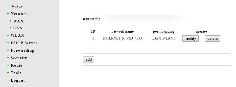 3. Změna nastavení portů Přejdeme do webové správy slave jednotky a zde do nastavení Network WAN modify.