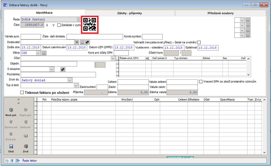 Nově lze nyní v agendách evidence došlých faktur a v deníku došlých faktur načítat QR kódy