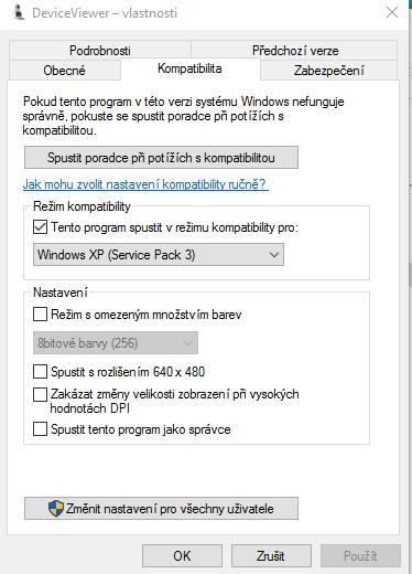 kompatibility s Windows XP SP3. (kliknutím pravým tl.