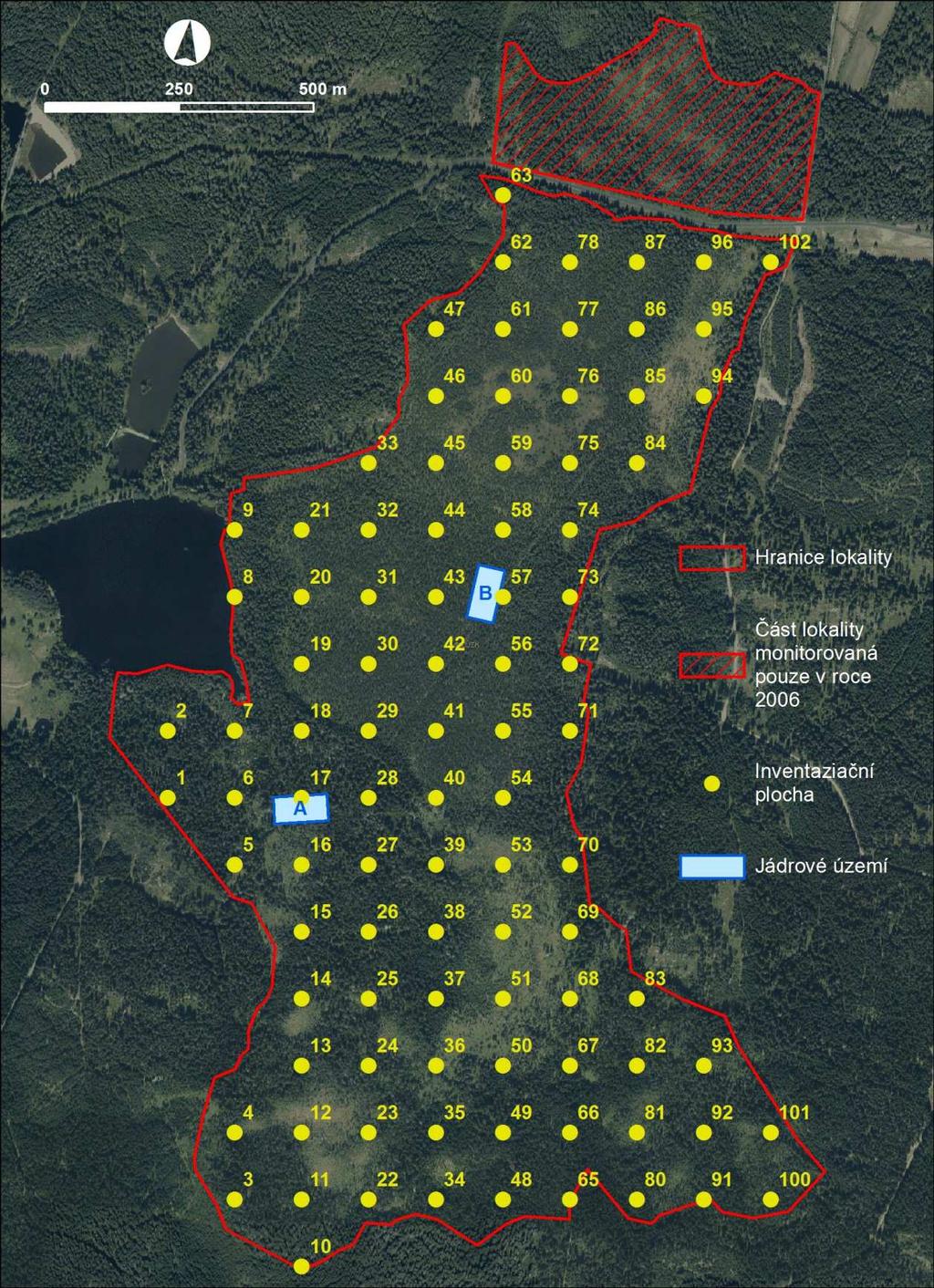 Obr. 1 Síť inventarizačních ploch a umístění jádrových území A, B 2.