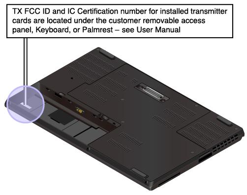 Štítek s číslem certifikace IC a FCC ID Následující obrázek znázorňuje umístění štítku s informacemi o certifikaci IC a FCC ID na počítači.