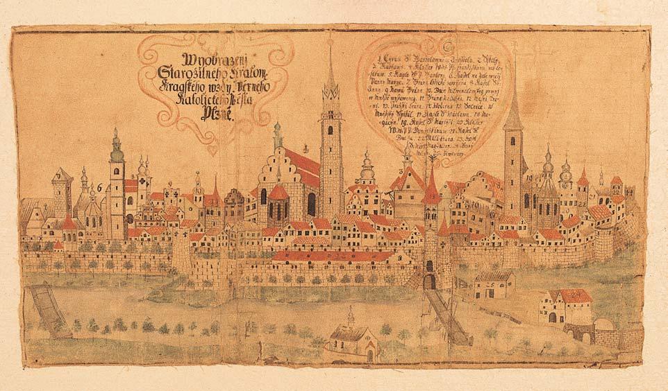 PlzeÀsko a Karlovarsko 2 Veduta Plznû, akvarel neznámého autora, kolem roku 735. 2 Renesanãní sklo z nálezû v plzeàském historickém podzemí. vzácnû. Z obojïivelníkû zde najdeme napfi.